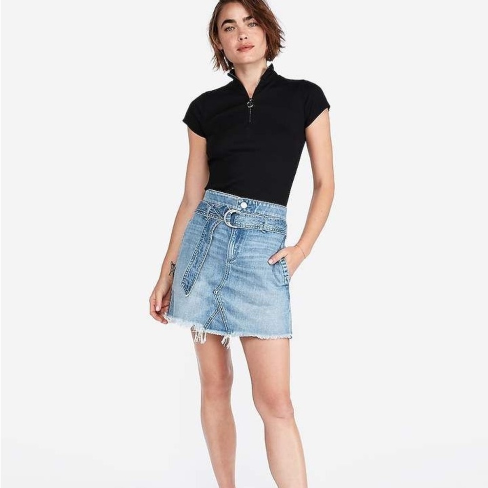 Express belted denim raw hem Mimi skirt